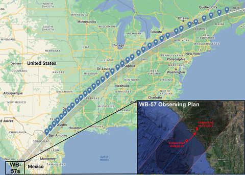 map showing path of community participants with WB57 observing plan map overlayed