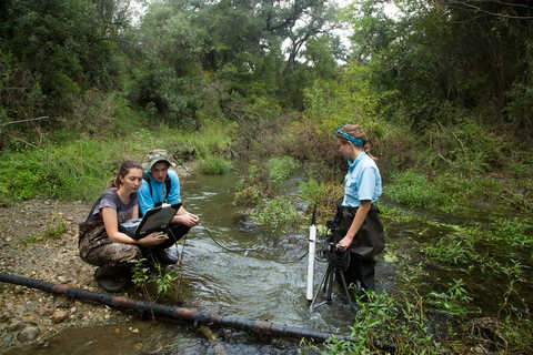 Three scientists kneeling to sample groundwater in Texas