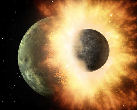 This artist’s concept shows a giant impact similar to the one 4.5 billion years ago that scientists think created the Earth-Moon system