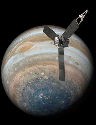 illustration of Europa with Juno spacecraft flying by