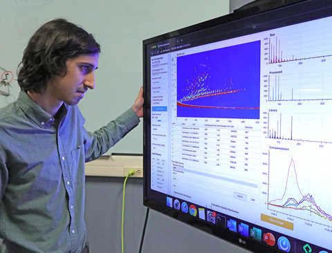 man holding edge of large computer monitor staring at chemical analysis data