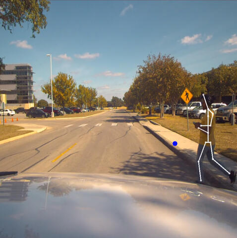 Pedestrian crossing the street infront of a vehicle with skeletal imprint over body 