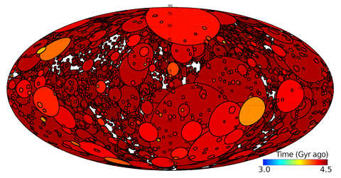 Red sphere with numerous circles indicating potential impacts