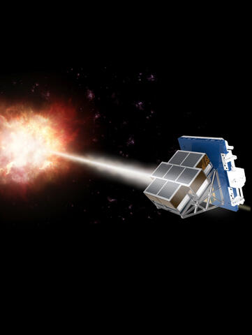 LEAP on International Space Station with energetic jet coming from explosion in space