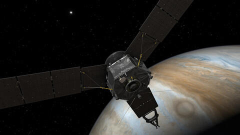 An artistic rendering of NASA’s Juno spacecraft entering orbit of Jupiter