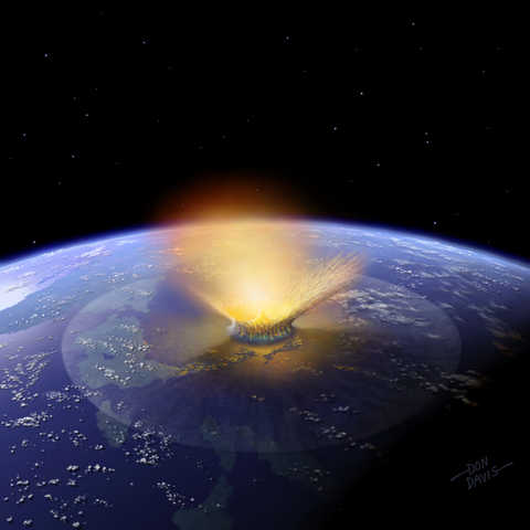 This image shows an artist’s depiction of a 10-kilometer (6-mile) diameter asteroid striking the Earth. 