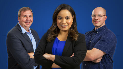 Lisa Peña, Dr. Bradley Brimhall, and David Chambers against a blue background