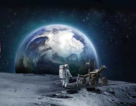 Artist rendition of lunar exploration with astronaut on the moon and earth in the background