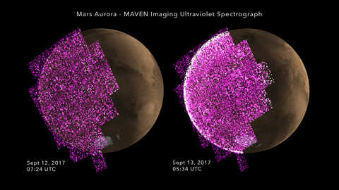 MAVEN images show the sudden appearance of a bright aurora on Mars during a solar storm in September 2017