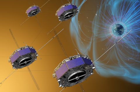 Artist’s depiction illustrating the four Magnetospheric Multiscale (MMS) spacecraft flying in a tetrahedral formation