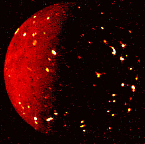 Image of red Jupiter with glowing volcanic bodies