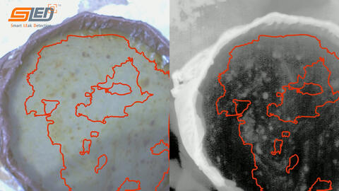 Two images, left has water with oil on top with an orange outline. Right image is thermal with a corresponding orange outline