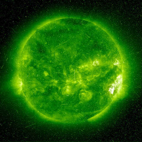 solar corona in extreme ultraviolet light with solar flare close up