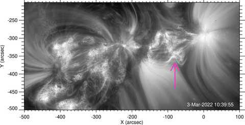 Black and white close-up views of the source of jets of energetic particles expelled from the Sun