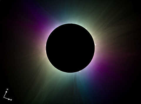 high-res processed image of the April 8 eclipse shows the Sun’s corona, its outermost atmosphere, in artificial colors that indicate the polarization 
