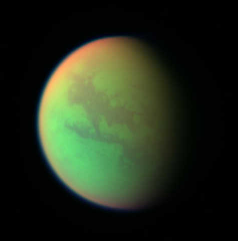 This false color composite of Titan, taken during a 2005 Cassini spacecraft flyby
