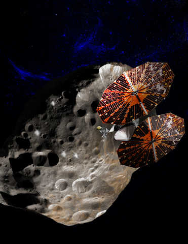 Artist rendition of grey Trojan asteroid with impact holes and Lucy spacecraft with two discs containing solar panels