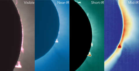 the corona and prominences visible during the April 8, 2024, eclipse in four wavelength ranges - visible, near-ir, short-ir, mid-ir