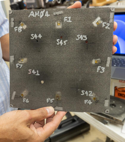 Close-up of a micrometeoroid and orbital debris (MMOD) test article 