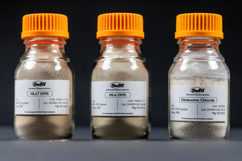 Photo of three oxime antidotes synthesized at SwRI 