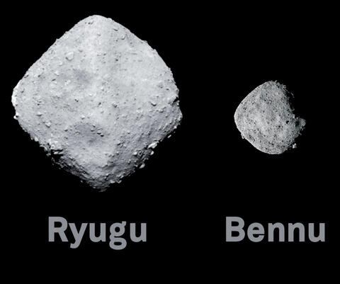 Asteroids Ryugu and Bennu against a black background
