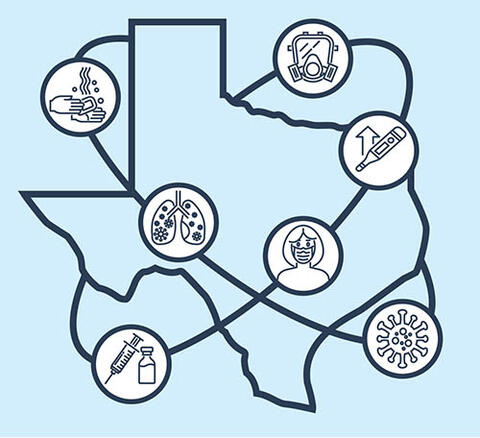 Diagram of Texas with medical icons around it