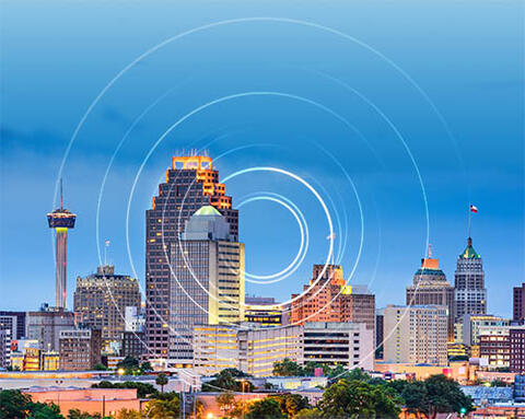 San Antonio downtown horizon with an EMP radiating outward