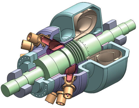 artistic rendering of 300 MWe supercritical carbon dioxide (sCO2 ), oxy-fuel turbine