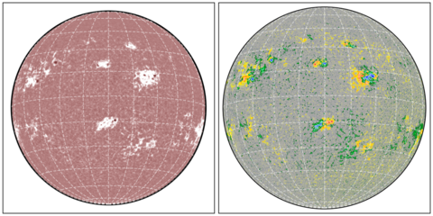 Two diagrams showing magnetic field measurements from the Solar and Heliospheric Observatory’s Michelson Doppler of the Sun's poles 