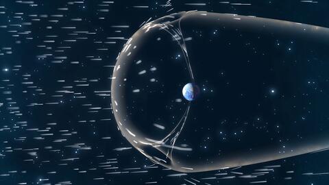 Illustration showing Earth’s magnetosphere interacting with the solar wind