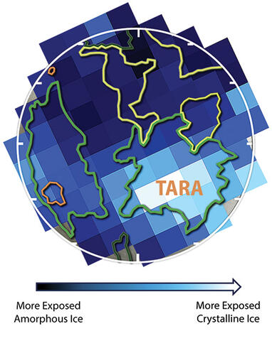 Varying swaths of blue behind the outline of a moon and it's surfaces, with one surface labeled TARA. Representative of the icy moon Europa.