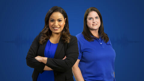 Lisa Peña and Jenny Ferren against a solid blue background
