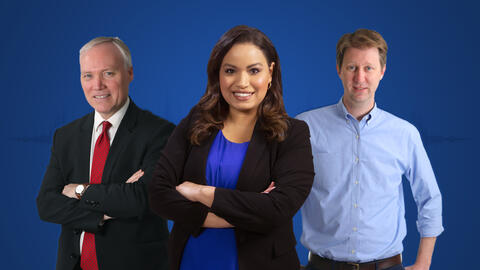 James Walker, Lisa Peña, and Nicholas Mueschke against a solid blue background