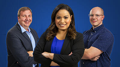 Dr. Bradley Brimhall, Lisa Peña, David Chambers against a solid blue background
