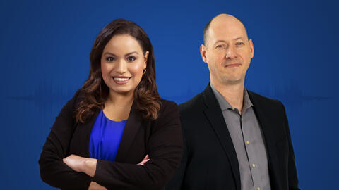 Lisa Peña and Brandon Nance against a solid blue background