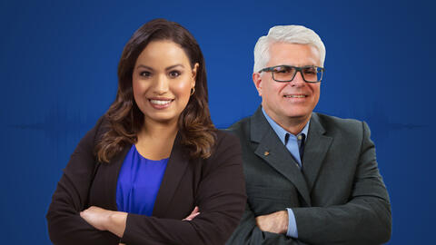 Lisa Peña and Michael Miller against a solid blue background