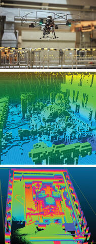 (top) quadcopter equipped with several sensors – LIDAR, a time-of-flight camera and radiation detectors. (middle, bottom) data visualization of quadcopter equipped with several sensors – LIDAR, a time-of-flight camera and radiation detectors