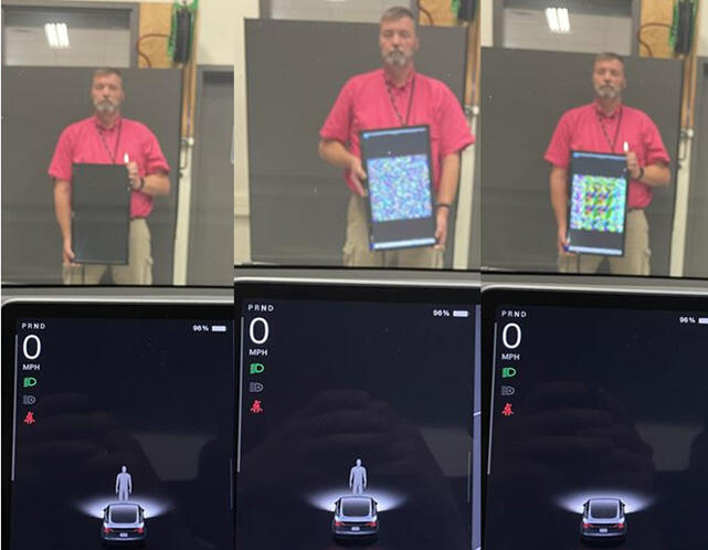 Three images: left researcher is detected by vehicle, middle with image generated by neural network researcher still detected, right image generated by neural network causing researcher not to be detected