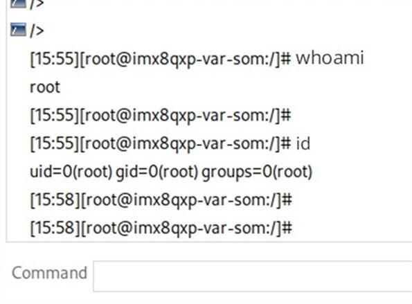 This image shows the outputs of the Unix "whoami" and "id" commands