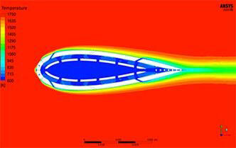 Image of results from CFD analysis of the film-cooled strut showing temperature contours in and around the test article