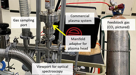 Experimental setup showing custom manifold for commercial plasma system