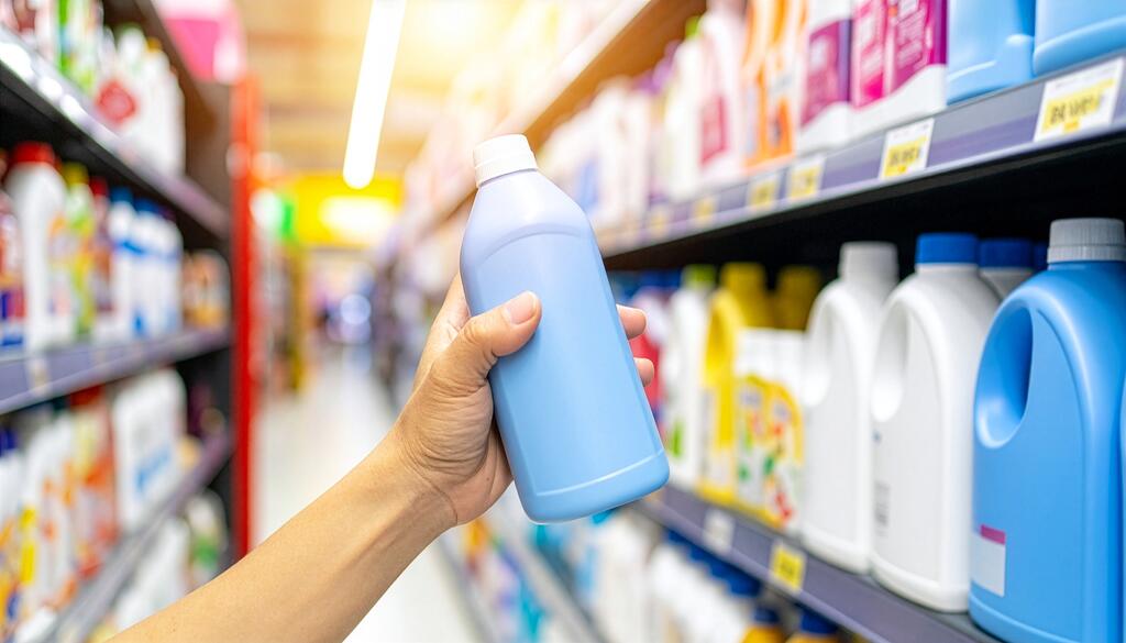 Close-up of a consumer hand holding a liquid laundry detergent bottle from a display shelf in a modern supermarket cleaning products aisle