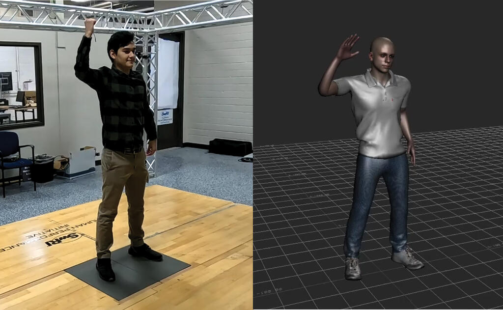 This single frame pose compares a real actor with his digital counterpart in SwRI’s Biomechanical Evaluation and Animation Motion Capture (BEAMoCap™) system. 