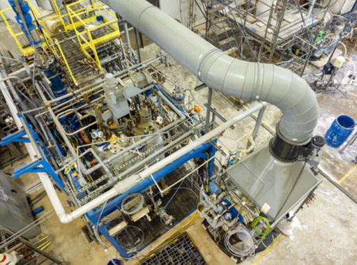 Interior aerial photo of the carbon capture pilot plant at SwRI
