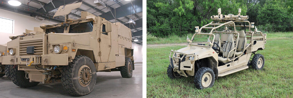 Two images side by side left is a large military vehicle parked in large warehouse structure and Right is a military EV in a field