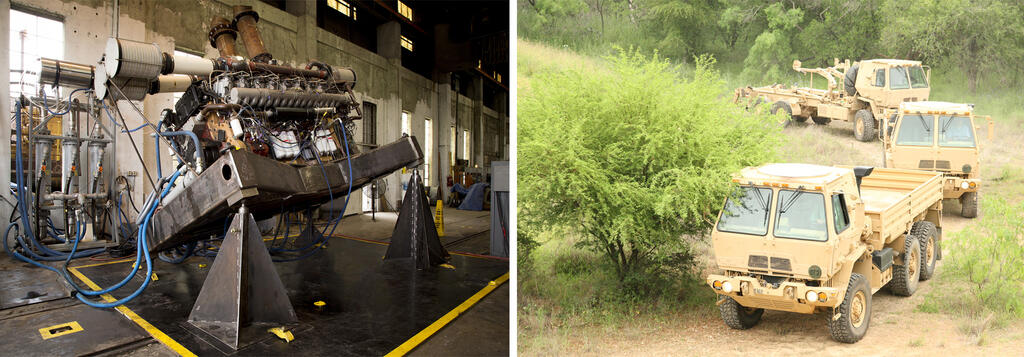 Two images side by side the left is marine engine in testing frame and the right is military vehicles out in field being tested