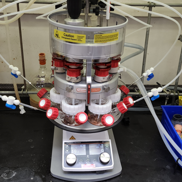 Close-up of reaction carousel test equipment