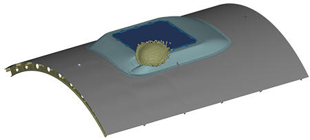 simulation of impact of a bird surrogate into a fuselage-mounted antenna system.