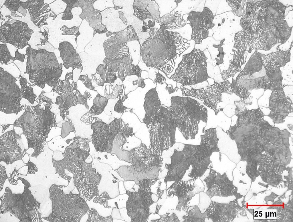 Microscope image of softer/ductile microstructure of a heat-treated steel alloy
