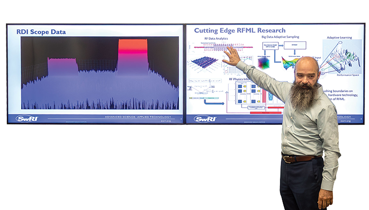 SwRI trained complex cognitive electronic warfare (EW) algorithms to help Air Force systems discern between friendly and adversarial data signatures as seen in the image on the left.